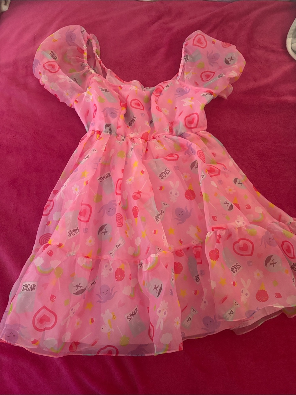 Hot Topic Pink Chiffon Ruffle Midi Dress with Heart & Novelty Print